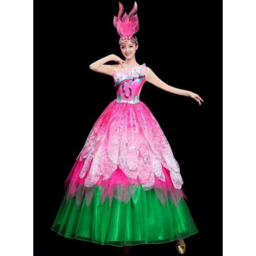 Pink with green flowers petals flamenco dance dresses for women girls opening choir pageant show  opening dance swing skirts long dress for female